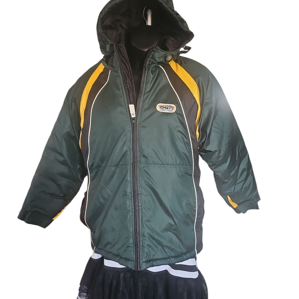 Green and Yellow Puffer Jacket with Insulated Design by TOMA